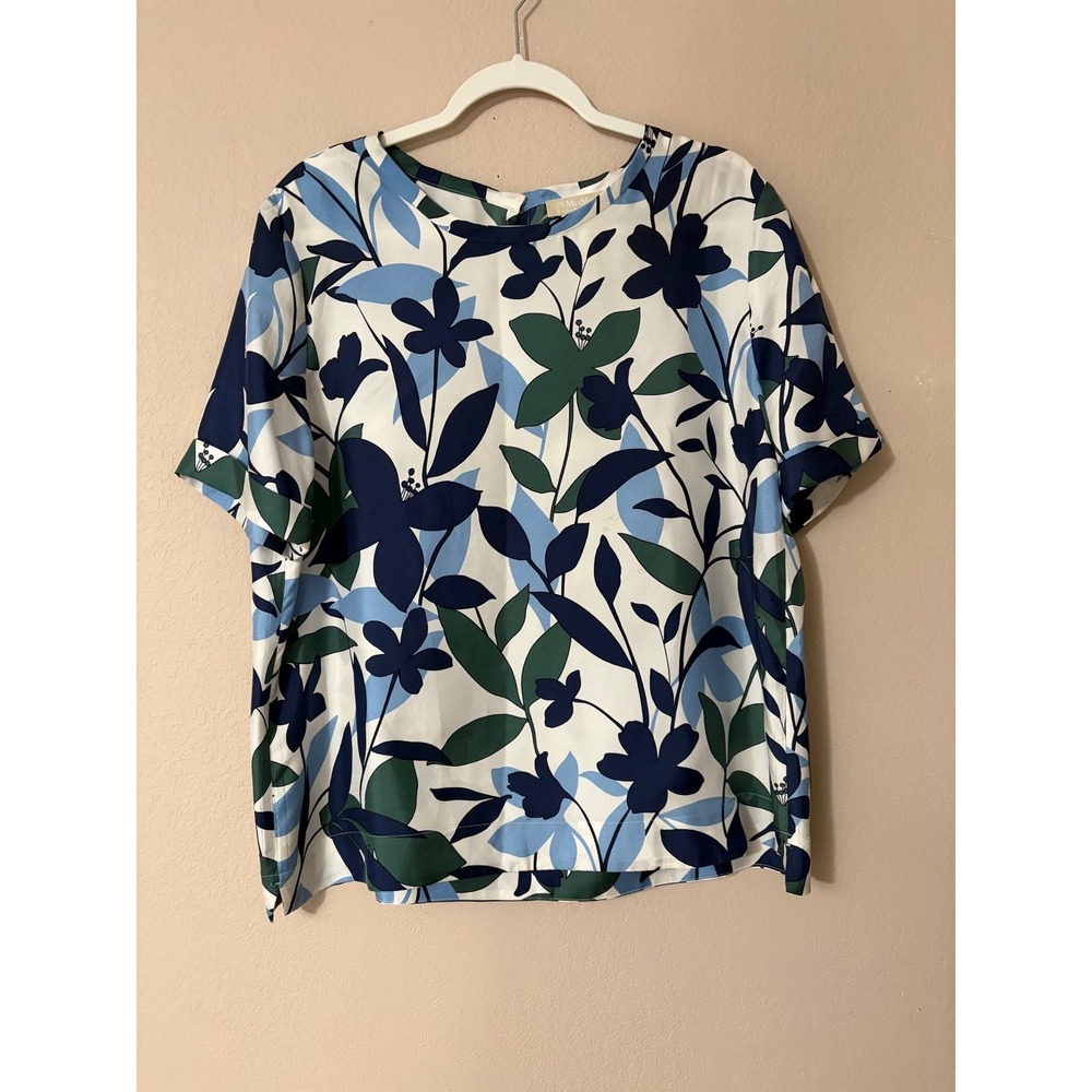S Max Mara Silk Floral Blouse Navy Blue Green Short Sleeve Top IT 48 US 12